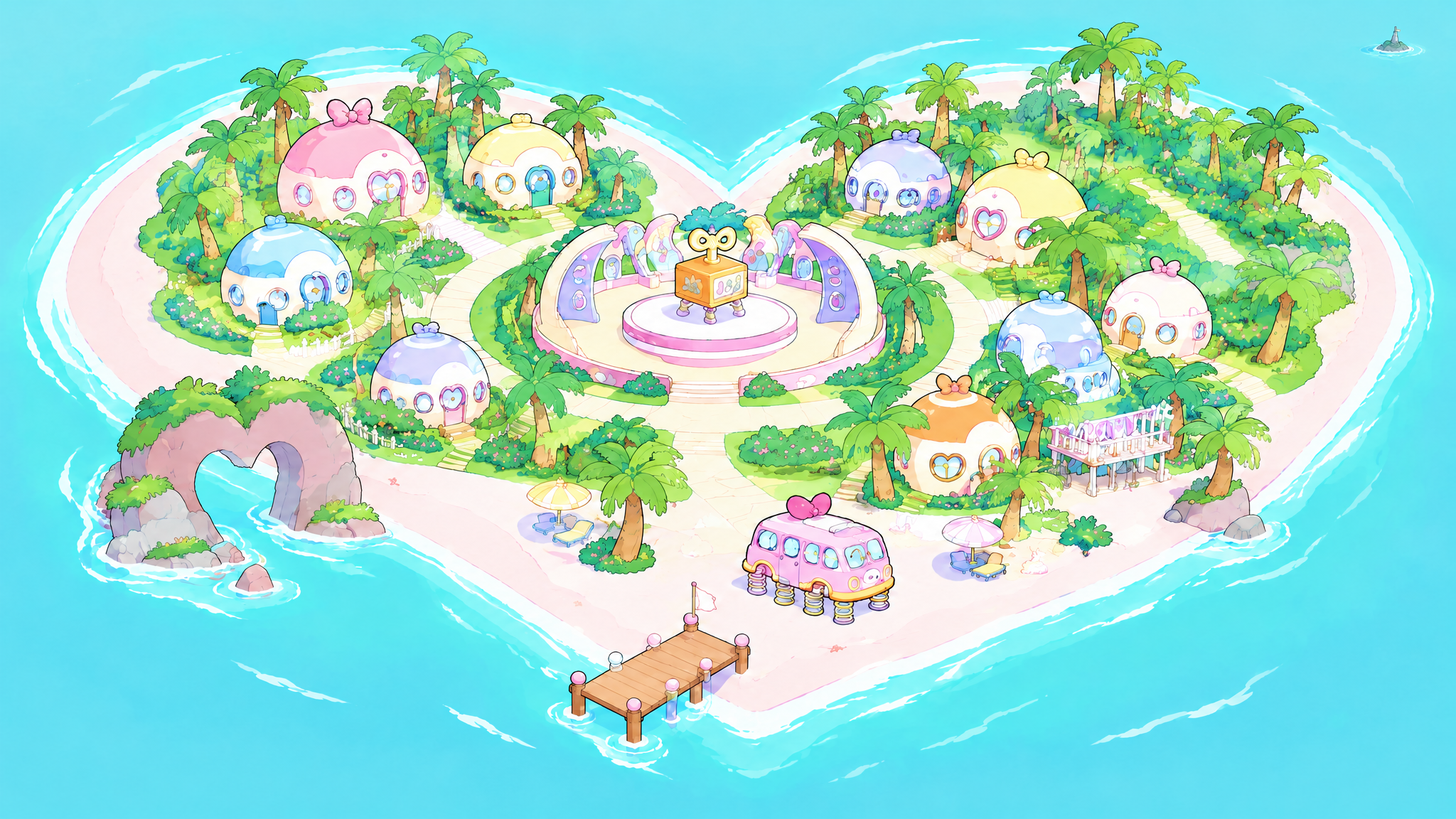 Saltalandia from above: a heart-shaped island with round houses, the Melody Box on the big stage and the Boing Bus